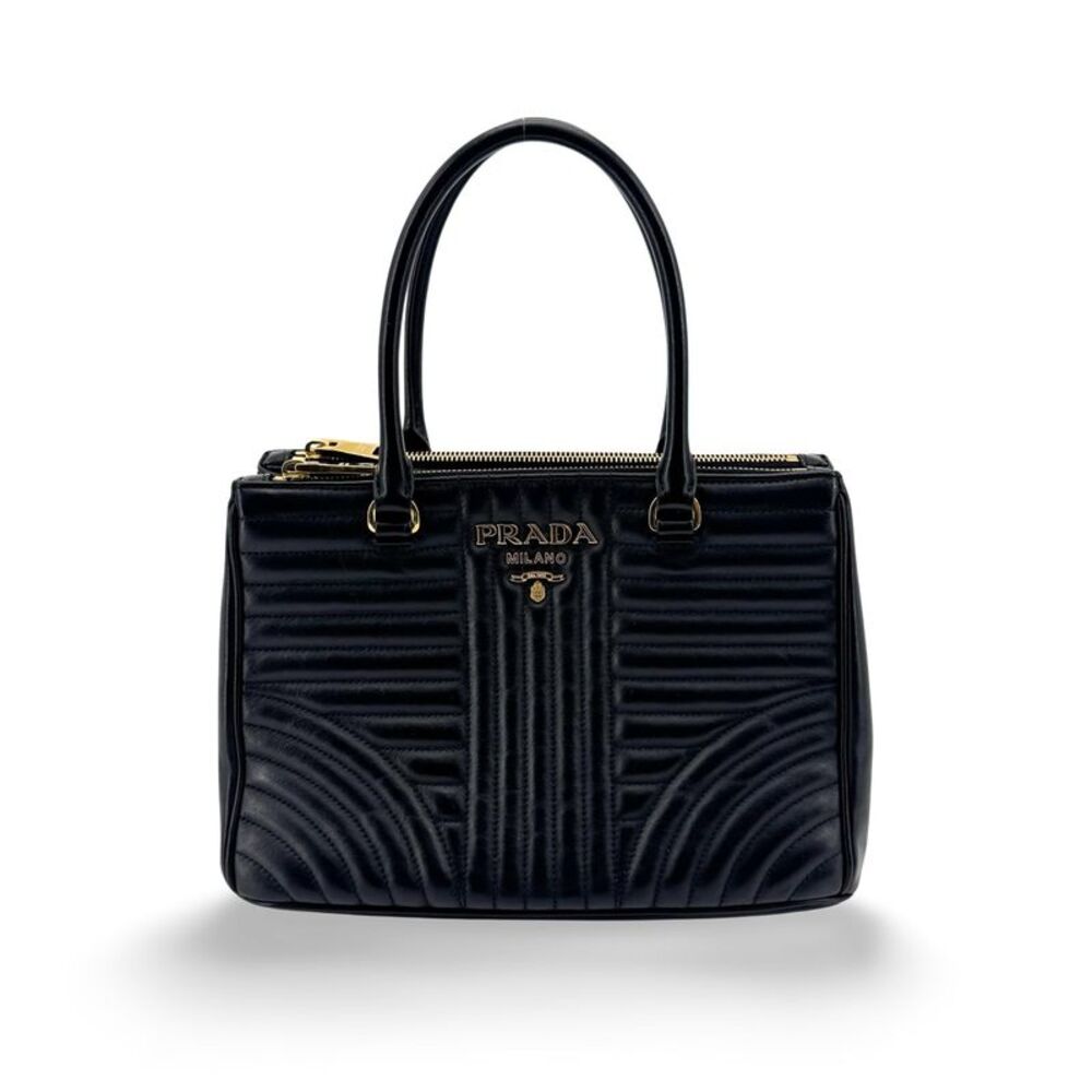 Prada Diagram Medium Leather Tote Bag Black Gold Hardware